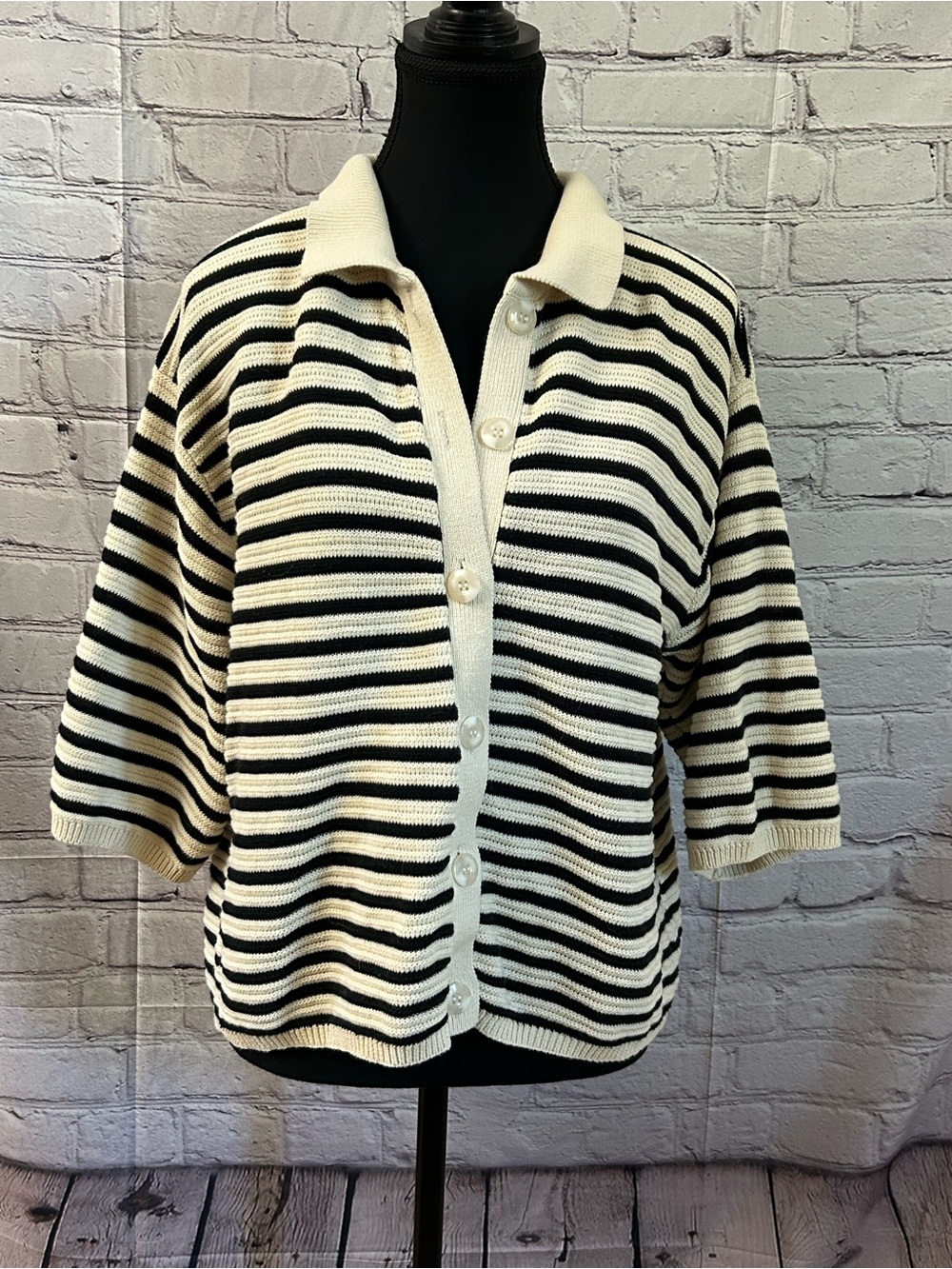 Classic Black and White Striped Polo Cardigan Sweater